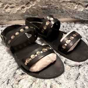 Frye Gladiator Coins Leather Black Sandals Sz 9 Slide Slingback Stud Flats ☝🏻🥰